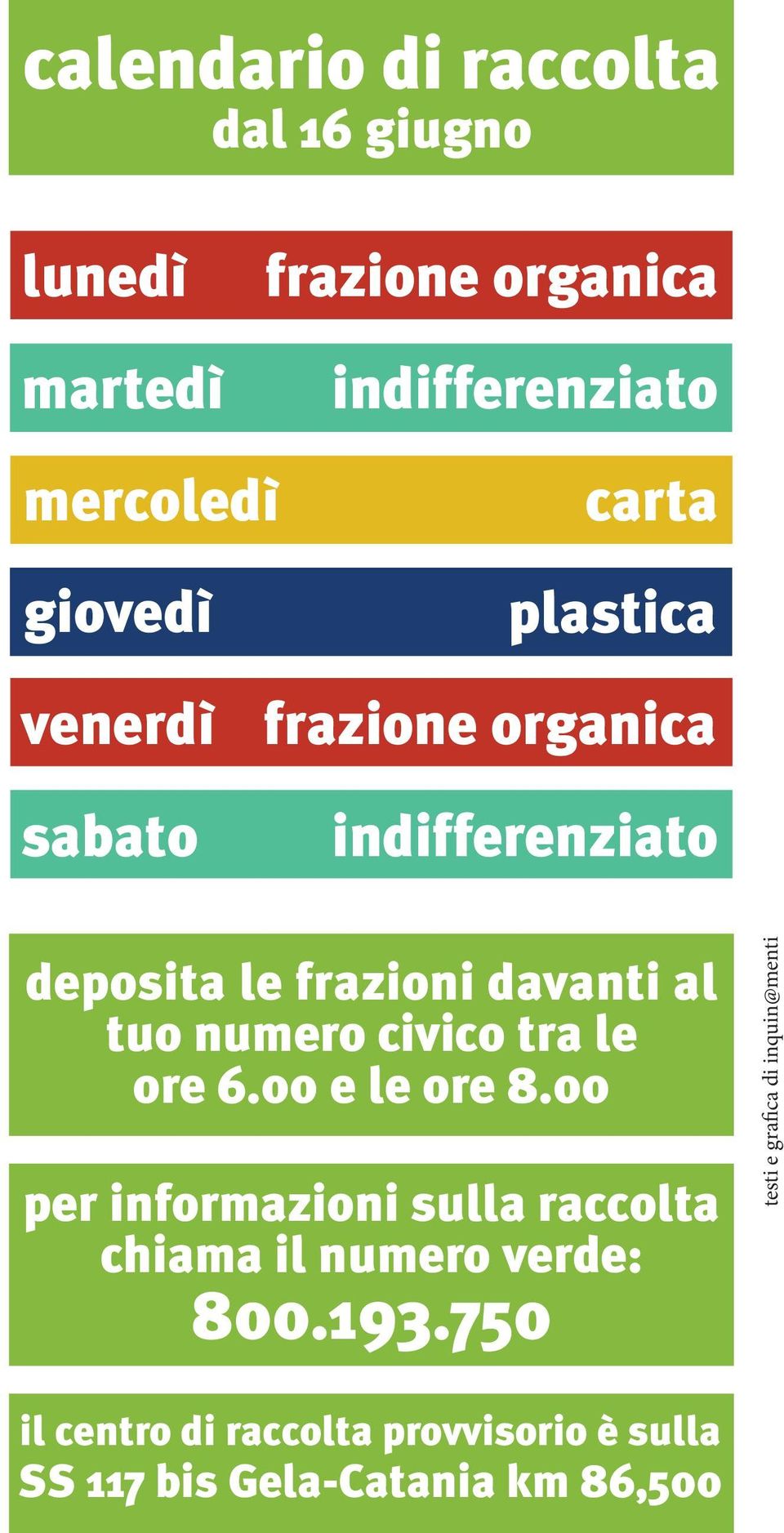 numero civico tra le ore 6.00 e le ore 8.00 per informazioni sulla raccolta chiama il numero verde: 800.