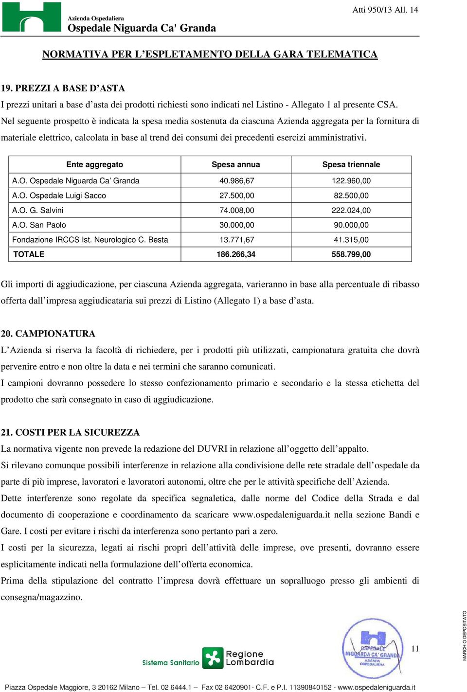 amministrativi. Ente aggregato Spesa annua Spesa triennale A.O. Ospedale Niguarda Ca Granda 40.986,67 122.960,00 A.O. Ospedale Luigi Sacco 27.500,00 82.500,00 A.O. G. Salvini 74.008,00 222.024,00 A.O. San Paolo 30.