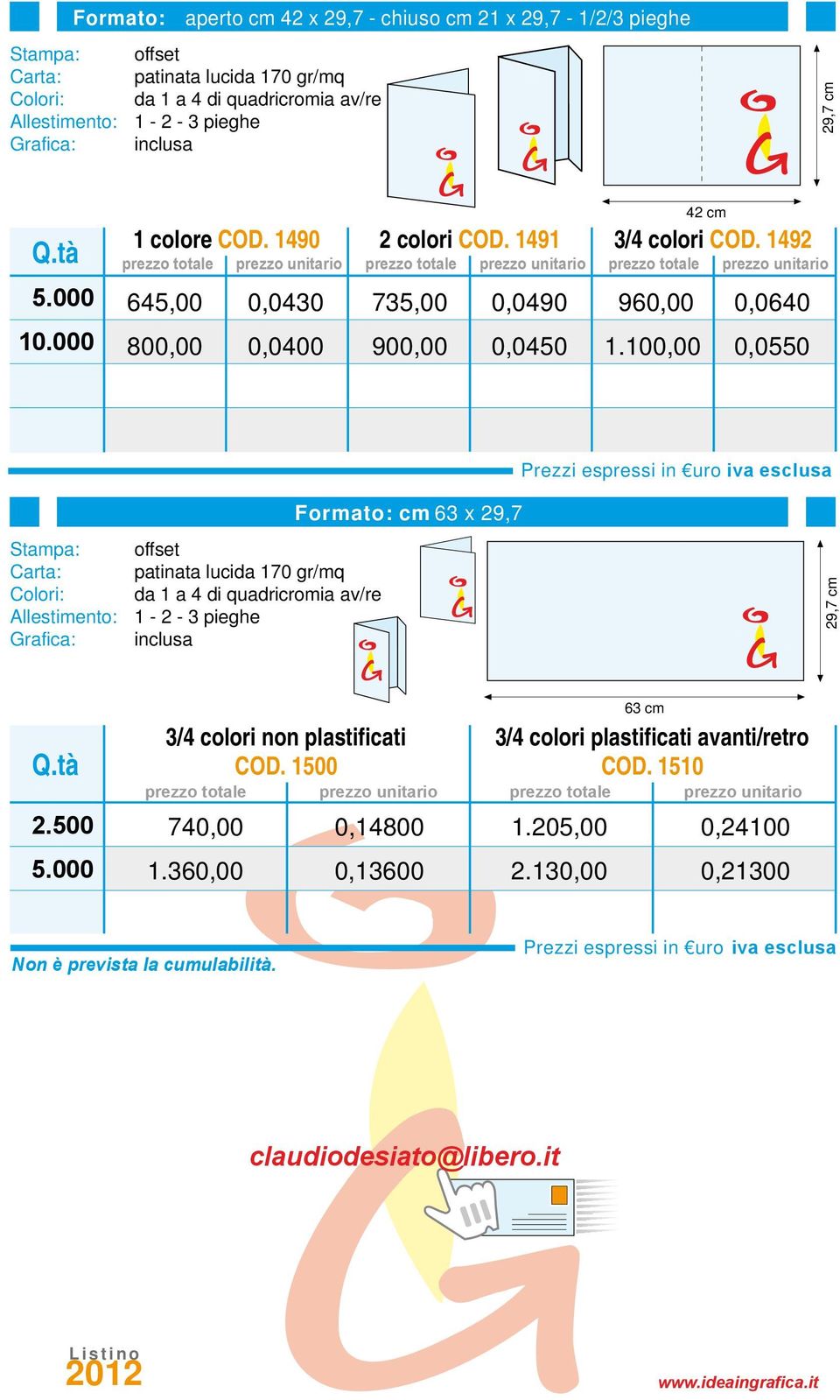 100,00 0,0550 Formato: cm 63 x 29,7 patinata lucida 170 gr/mq da 1 a 4 di quadricromia av/re Allestimento: 1-2 - 3 pieghe 29,7 cm 2.500 5.