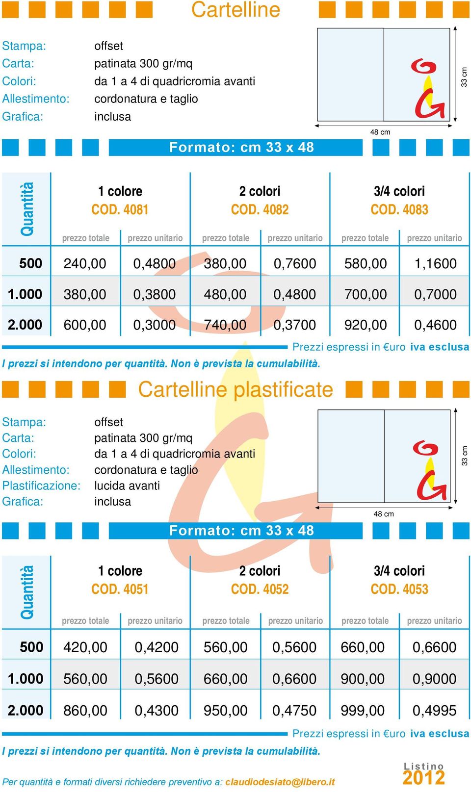 000 600,00 0,3000 740,00 0,3700 920,00 0,4600 Cartelline plastificate Allestimento: Plastificazione: patinata 300 gr/mq da 1 a 4 di quadricromia avanti cordonatura e taglio lucida avanti Formato: cm