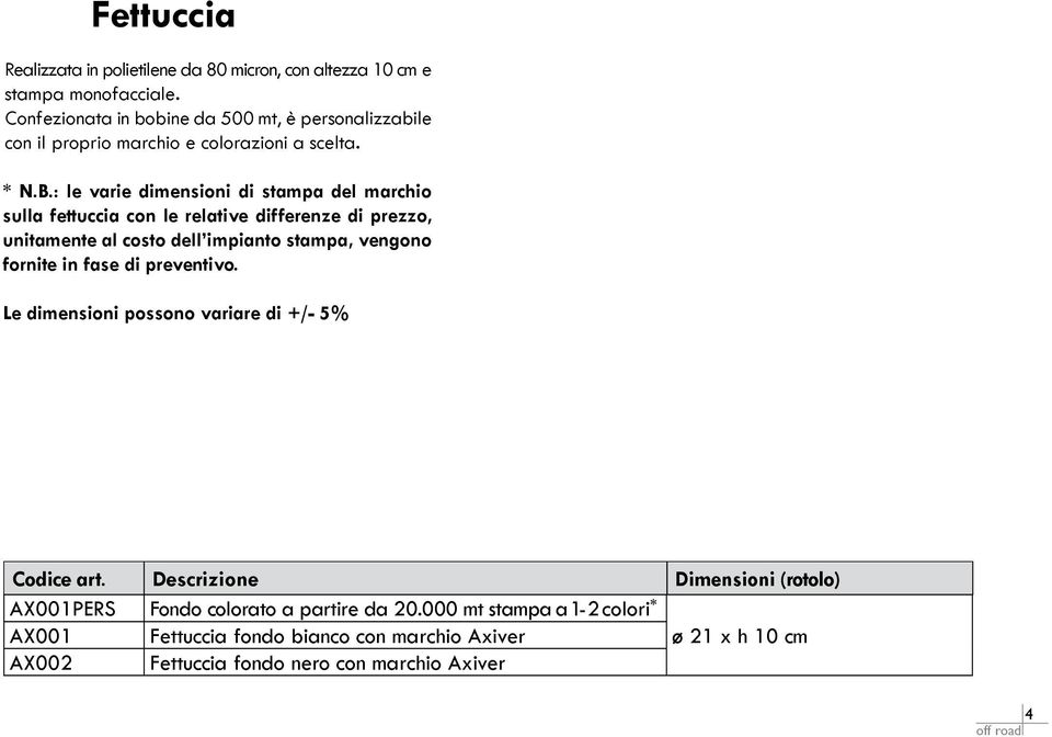 : le varie dimensioni di stampa del marchio sulla fettuccia con le relative differenze di prezzo, unitamente al costo dell impianto stampa, vengono fornite in