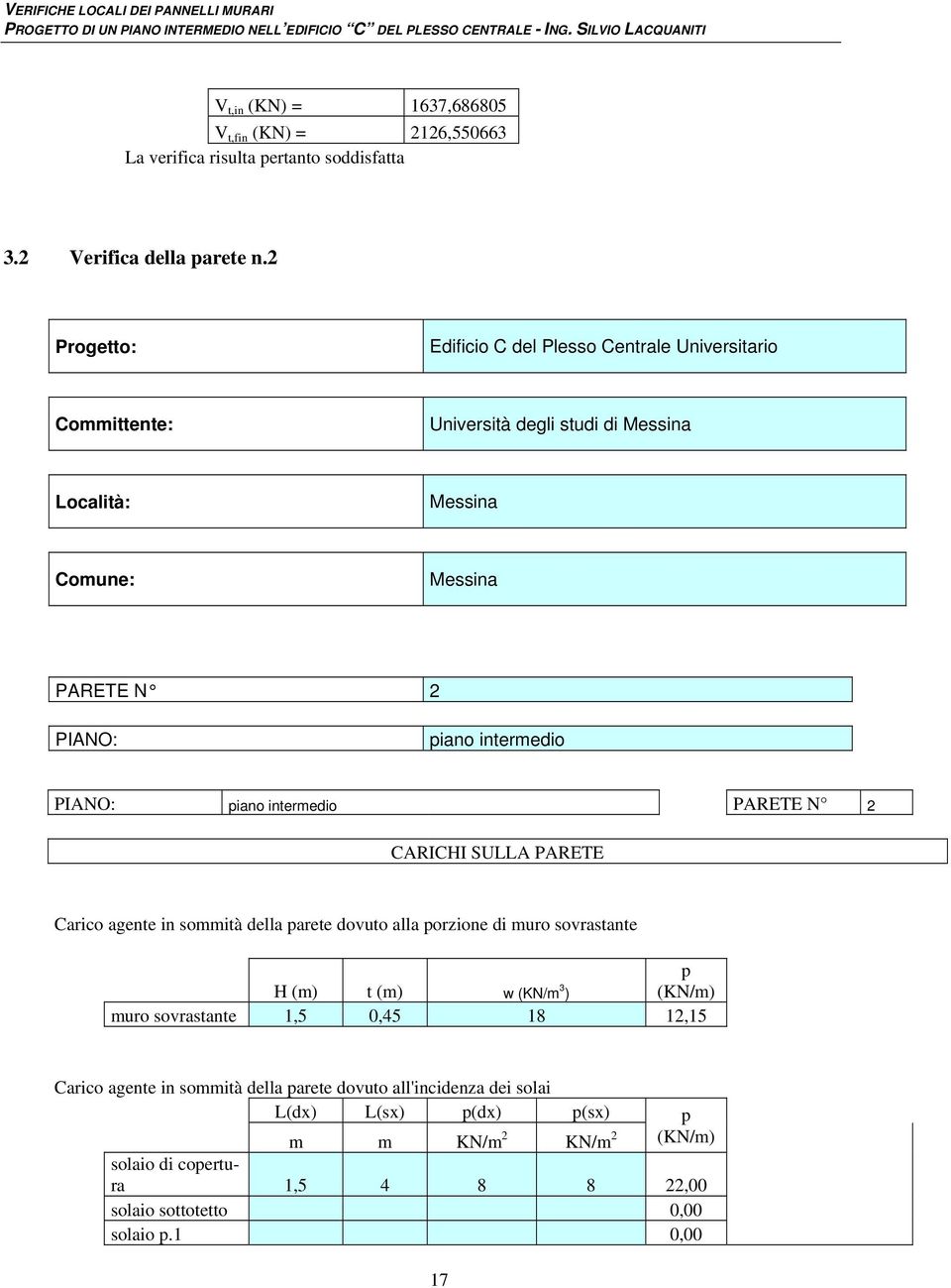 PIANO: piano intermedio PARETE N CARICHI SULLA PARETE Carico agente in sommità della parete dovuto alla porzione di muro sovrastante p H (m) t (m) w (KN/m 3 ) (KN/m)