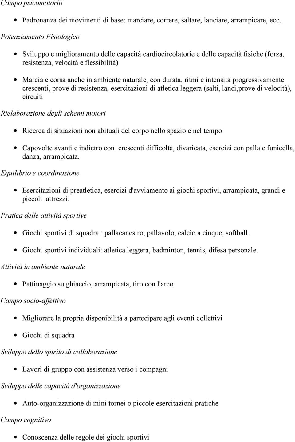 con durata, ritmi e intensità progressivamente crescenti, prove di resistenza, esercitazioni di atletica leggera (salti, lanci,prove di velocità), circuiti Rielaborazione degli schemi motori Ricerca