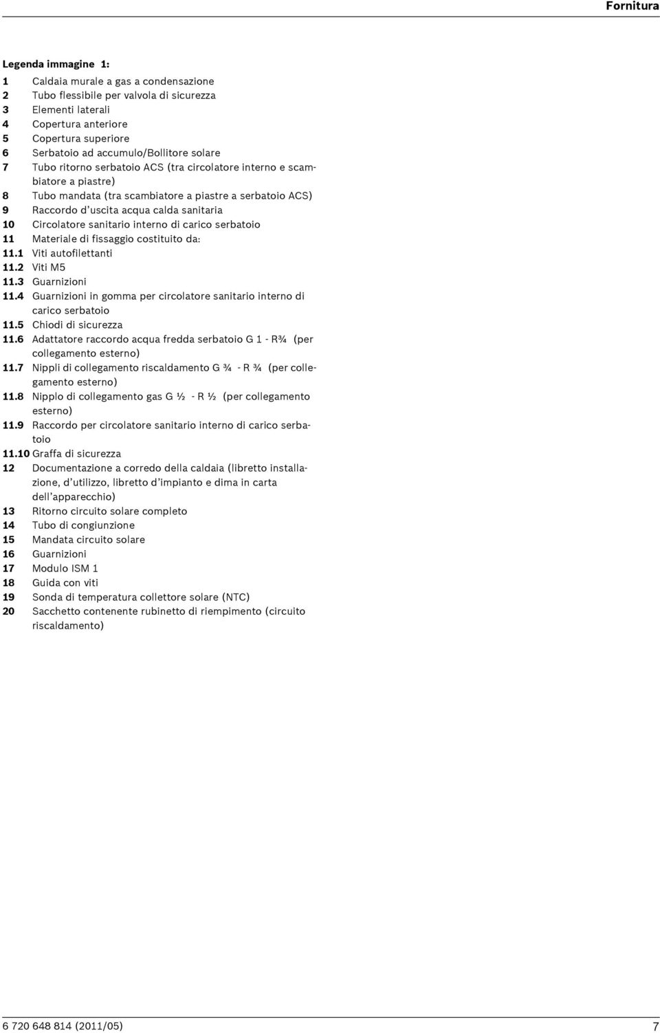 sanitaria 10 Circolatore sanitario interno di carico serbatoio 11 Materiale di fissaggio costituito da: 11.1 Viti autofilettanti 11.2 Viti M5 11.3 Guarnizioni 11.