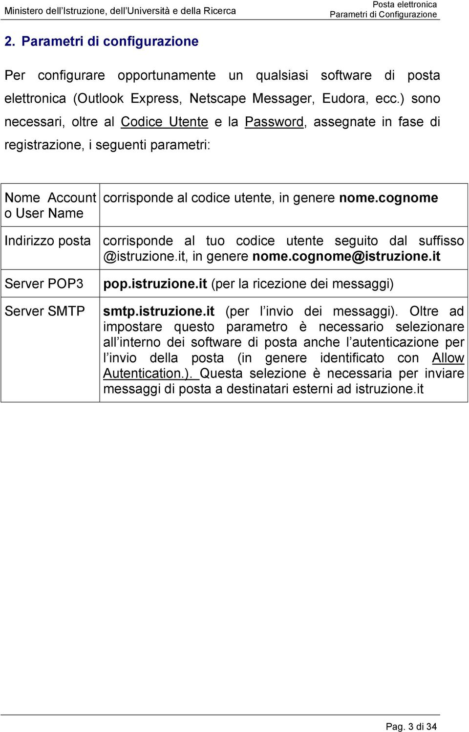 cognome Indirizzo posta corrisponde al tuo codice utente seguito dal suffisso @istruzione.it, in genere nome.cognome@istruzione.it Server POP3 pop.istruzione.it (per la ricezione dei messaggi) Server SMTP smtp.