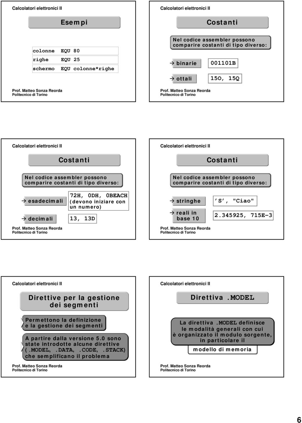 stringhe reali in base 10 S, "Ciao" 2.345925, 715E-3 Direttive per la gestione dei segmenti Permettono la definizione e la gestione dei segmenti A partire dalla versione 5.