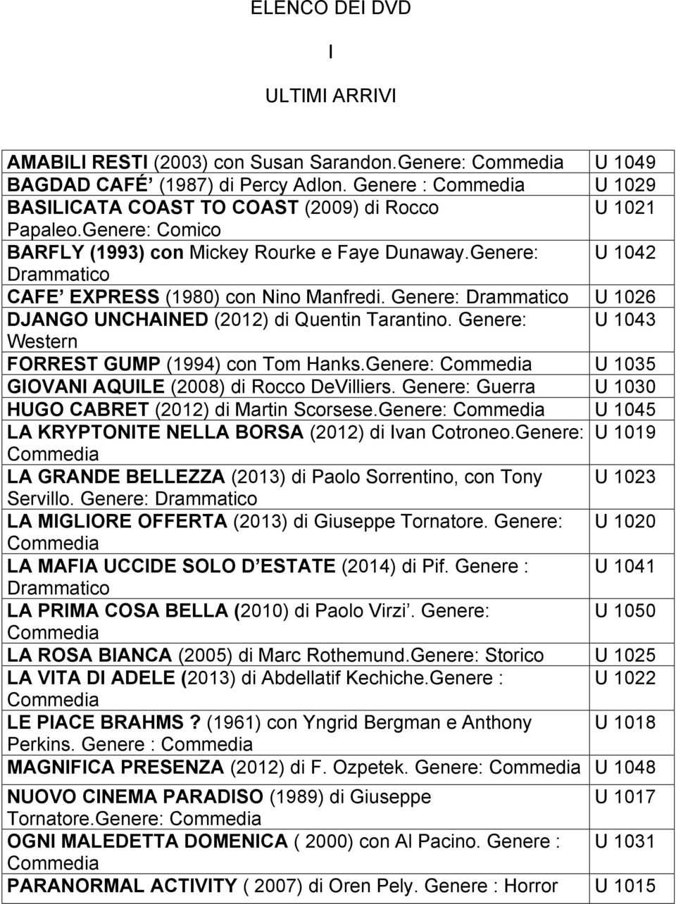 Genere: U 1042 Drammatico CAFE EXPRESS (1980) con Nino Manfredi. Genere: Drammatico U 1026 DJANGO UNCHAINED (2012) di Quentin Tarantino. Genere: U 1043 Western FORREST GUMP (1994) con Tom Hanks.