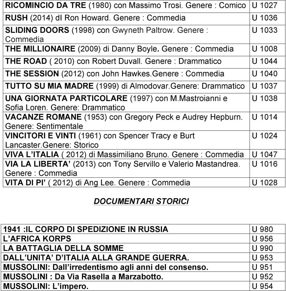 Genere : Commedia U 1040 TUTTO SU MIA MADRE (1999) di Almodovar.Genere: Drammatico U 1037 UNA GIORNATA PARTICOLARE (1997) con M.Mastroianni e U 1038 Sofia Loren.