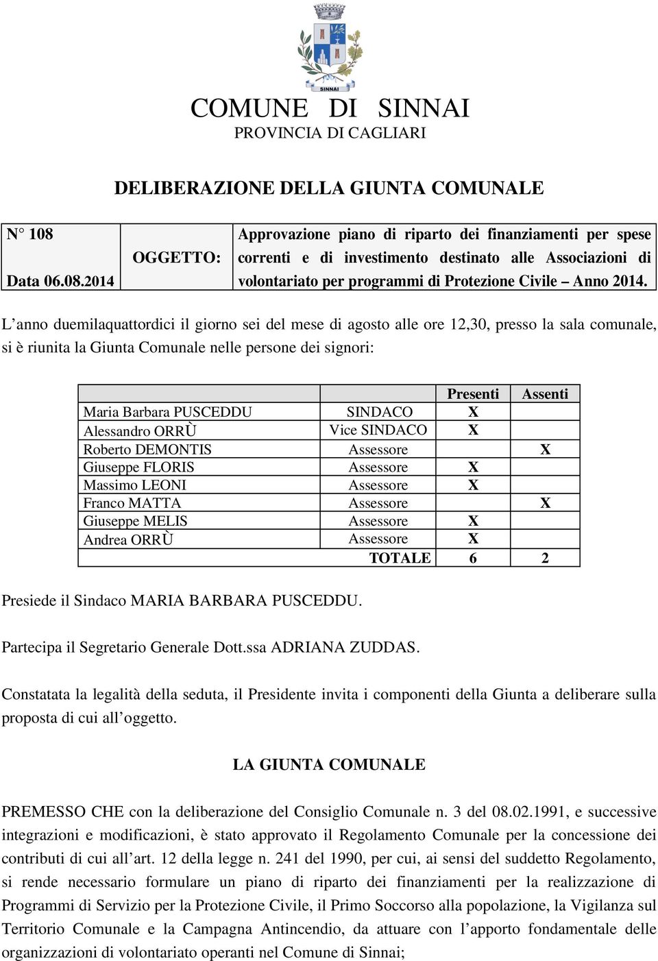 L anno duemilaquattordici il giorno sei del mese di agosto alle ore 12,30, presso la sala comunale, si è riunita la Giunta Comunale nelle persone dei signori: Presenti Assenti Maria Barbara PUSCEDDU