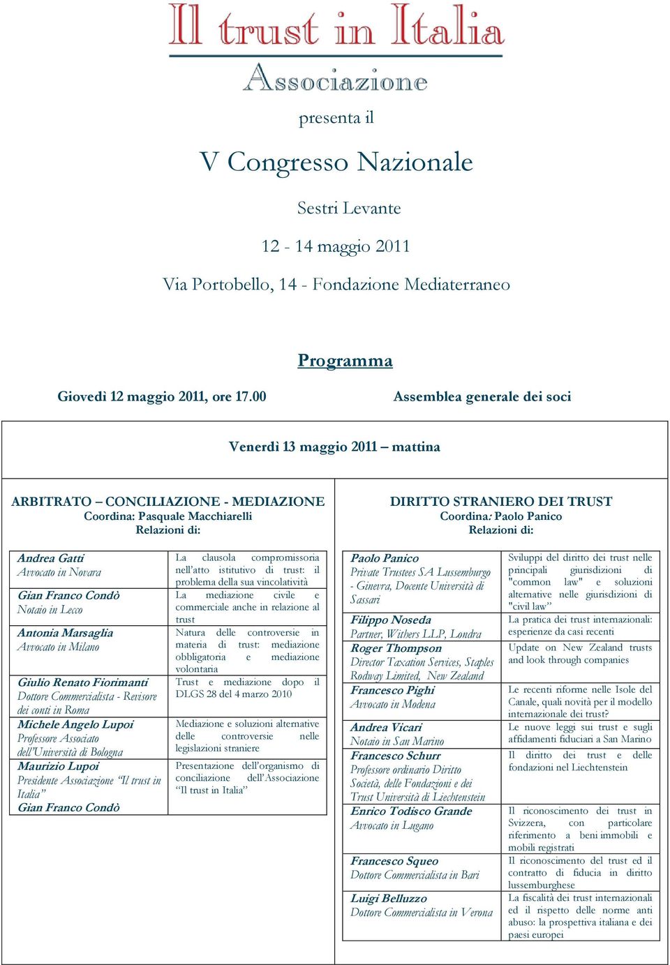 Avvocato in Novara Gian Franco Condò Notaio in Lecco Antonia Marsaglia Avvocato in Milano Giulio Renato Fiorimanti Dottore Commercialista - Revisore dei conti in Roma Michele Angelo Lupoi Professore