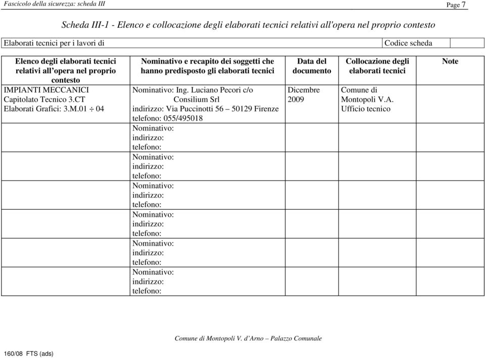 Tecnico 3.CT Elaborati Grafici: 3.M.01 04 Nominativo e recapito dei soggetti che hanno predisposto gli elaborati tecnici Ing.