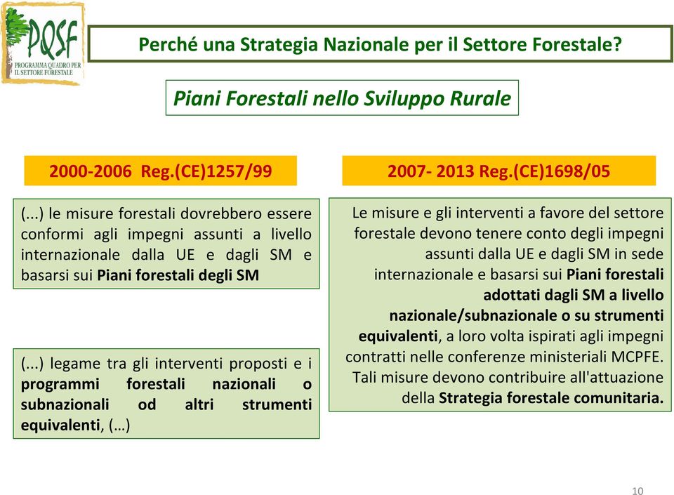 ..) legame tra gli interventi proposti e i programmi forestali nazionali o subnazionali od altri strumenti equivalenti, ( ) 2007-2013 Reg.