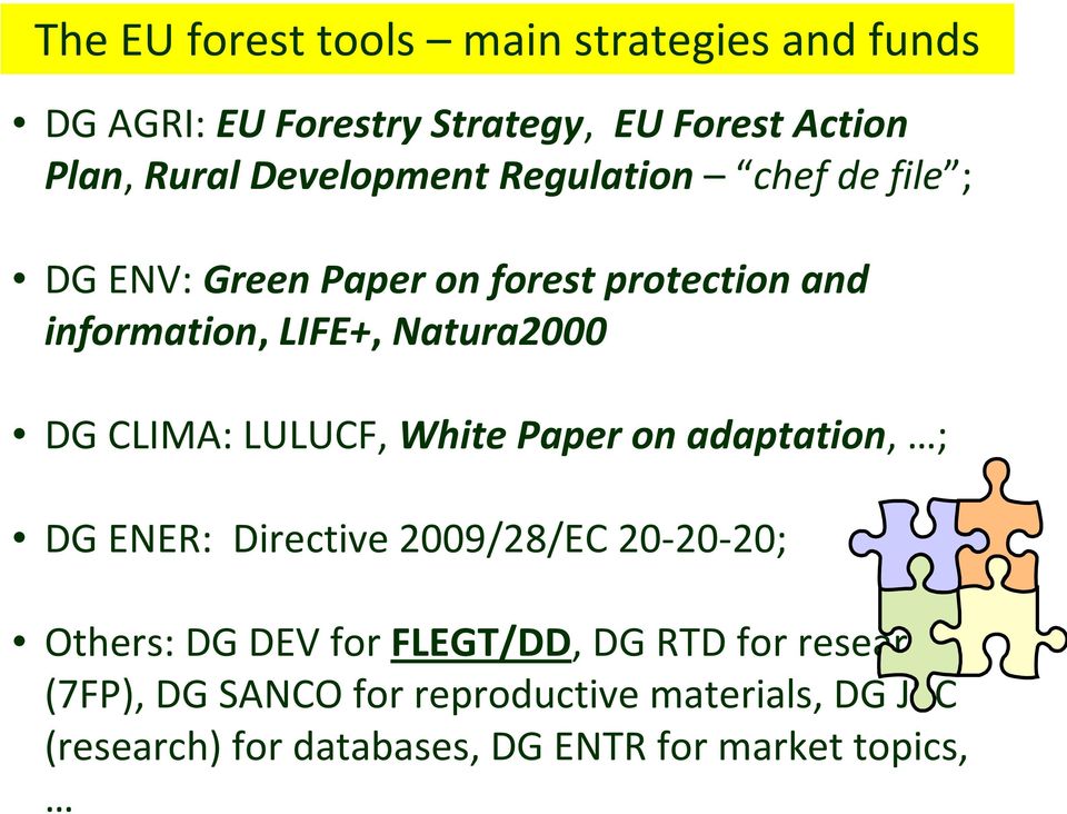 Strategy, EU Forest Action Plan, Rural Development Regulation chef de file ; DG ENV: Green Paperon