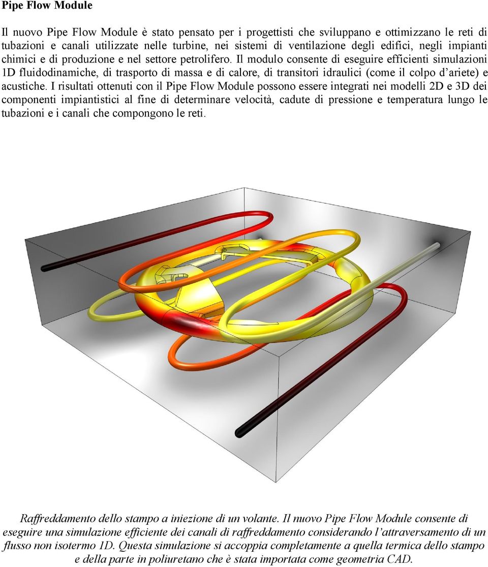 Il modulo consente di eseguire efficienti simulazioni 1D fluidodinamiche, di trasporto di massa e di calore, di transitori idraulici (come il colpo d ariete) e acustiche.