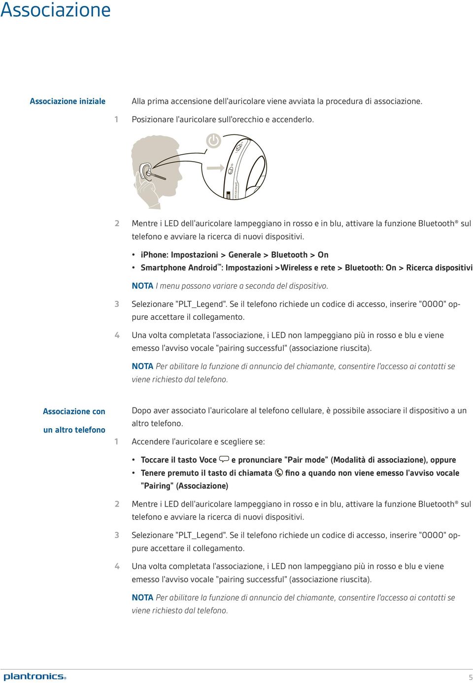 iphone: Impostazioni > Generale > Bluetooth > On Smartphone Android : Impostazioni >Wireless e rete > Bluetooth: On > Ricerca dispositivi NOTA I menu possono variare a seconda del dispositivo.