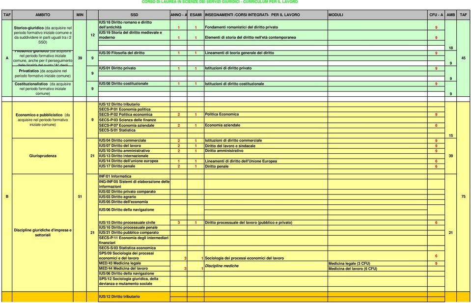 delle finalità del punto "A" degli Privatistico (da acquisire nel periodo formativo iniziale comune) Costituzionalistico (da acquisire nel periodo formativo iniziale comune) 3 12 IUS/18 Diritto