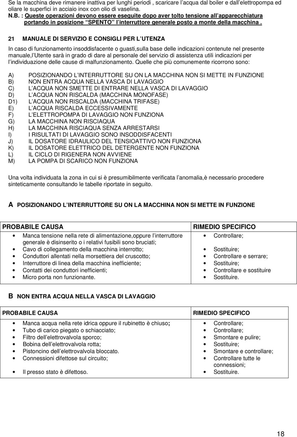 21 MANUALE DI SERVIZIO E CONSIGLI PER L UTENZA In caso di funzionamento insoddisfacente o guasti,sulla base delle indicazioni contenute nel presente manuale,l Utente sarà in grado di dare al