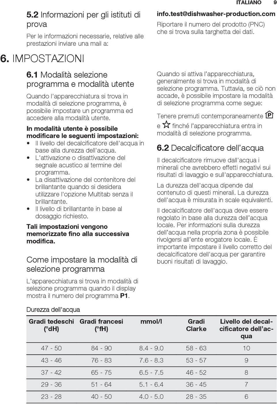 In modalità utente è possibile modificare le seguenti impostazioni: Il livello del decalcificatore dell'acqua in base alla durezza dell'acqua.