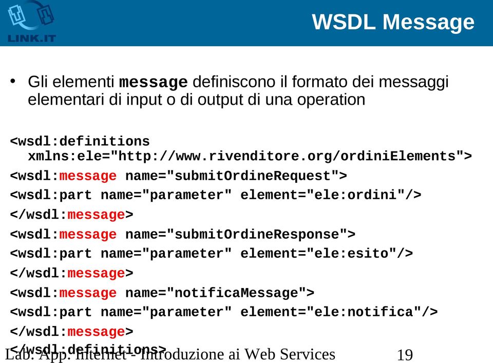 org/ordinielements"> <wsdl:message name="submitordinerequest"> <wsdl:part name="parameter" element="ele:ordini"/> </wsdl:message>