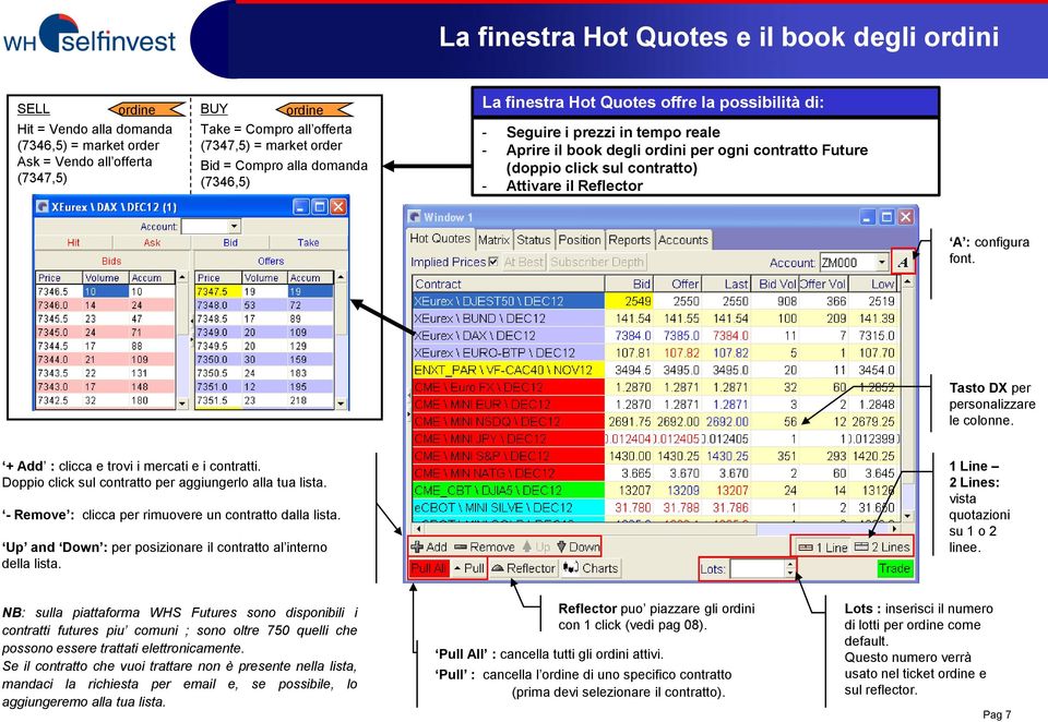 contratto) - Attivare il Reflector A : configura font. Tasto DX per personalizzare le colonne. + Add : clicca e trovi i mercati e i contratti.