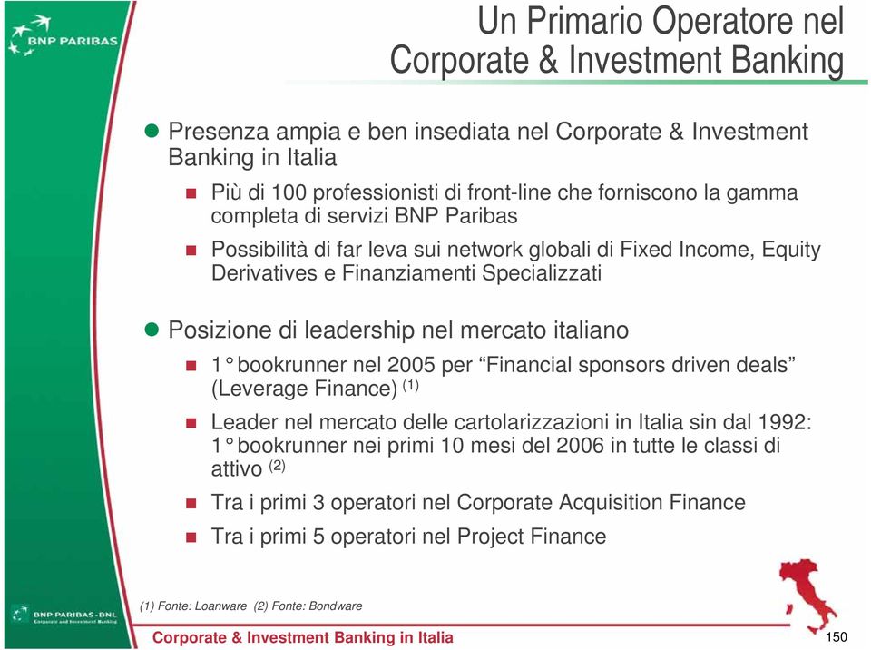 italiano 1 bookrunner nel 2005 per Financial sponsors driven deals (Leverage Finance) (1) Leader nel mercato delle cartolarizzazioni in Italia sin dal 1992: 1 bookrunner nei primi 10 mesi