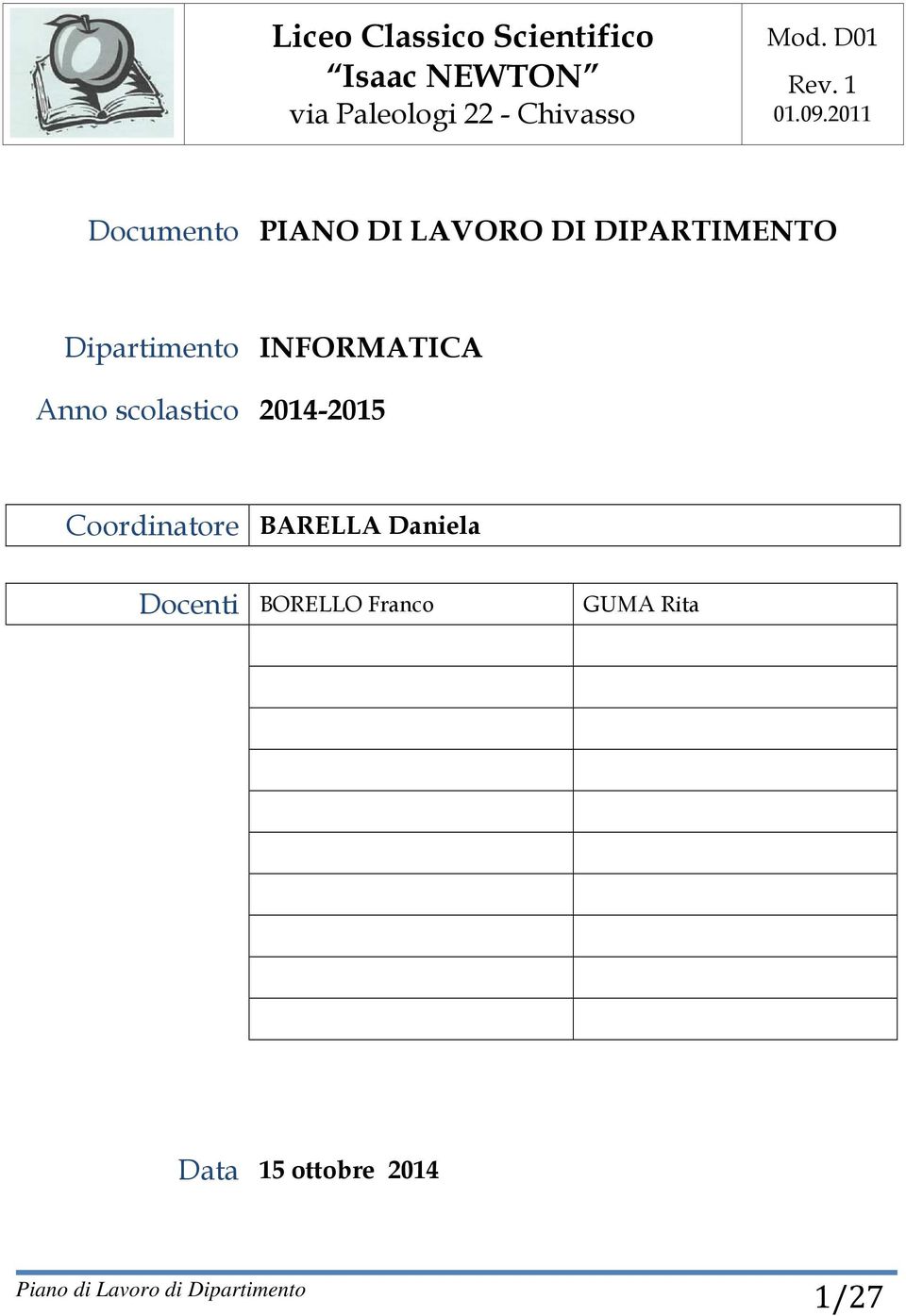 2011 Documento PIANO DI LAVORO DI DIPARTIMENTO Dipartimento