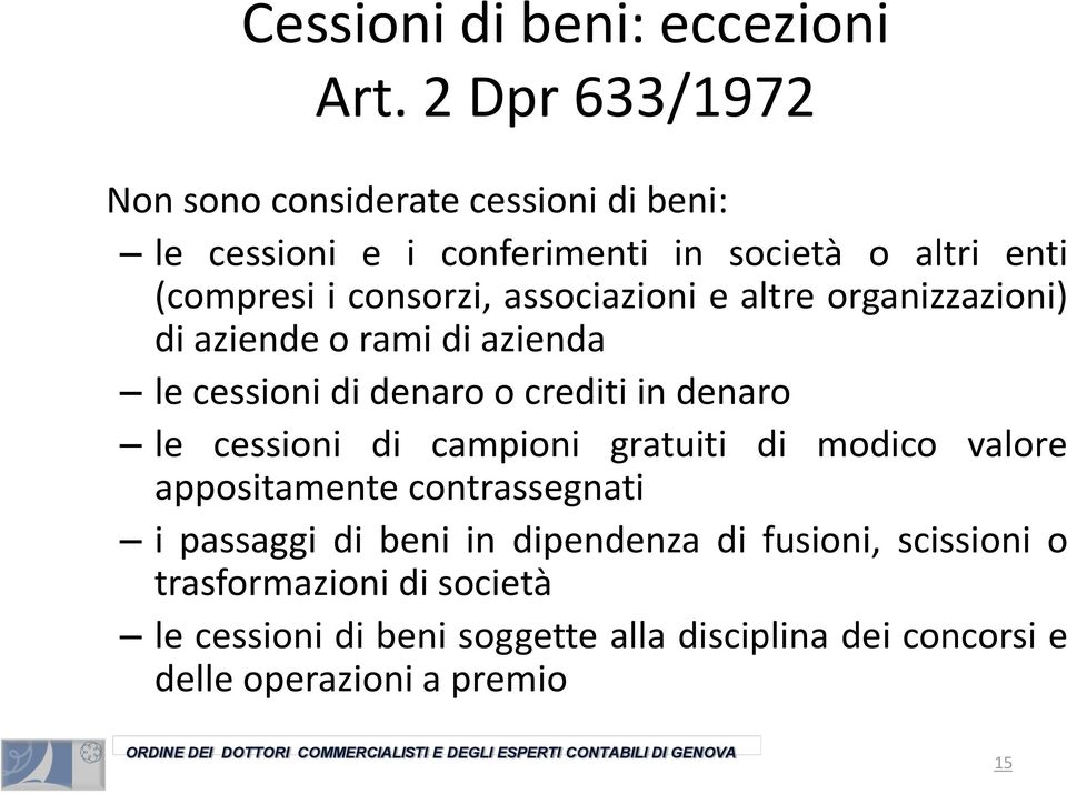 associazioni e altre organizzazioni) di aziende o rami di azienda le cessioni di denaro o crediti in denaro le cessioni di