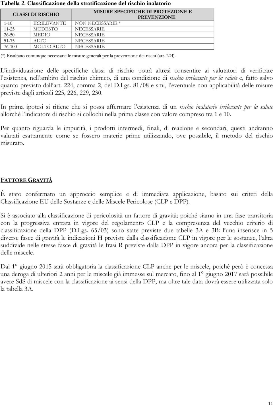 NECESSARIE 51-75 ALTO NECESSARIE 76-100 MOLTO ALTO NECESSARIE (*) Risultano comunque necessarie le misure generali per la prevenzione dei rischi (art. 224).