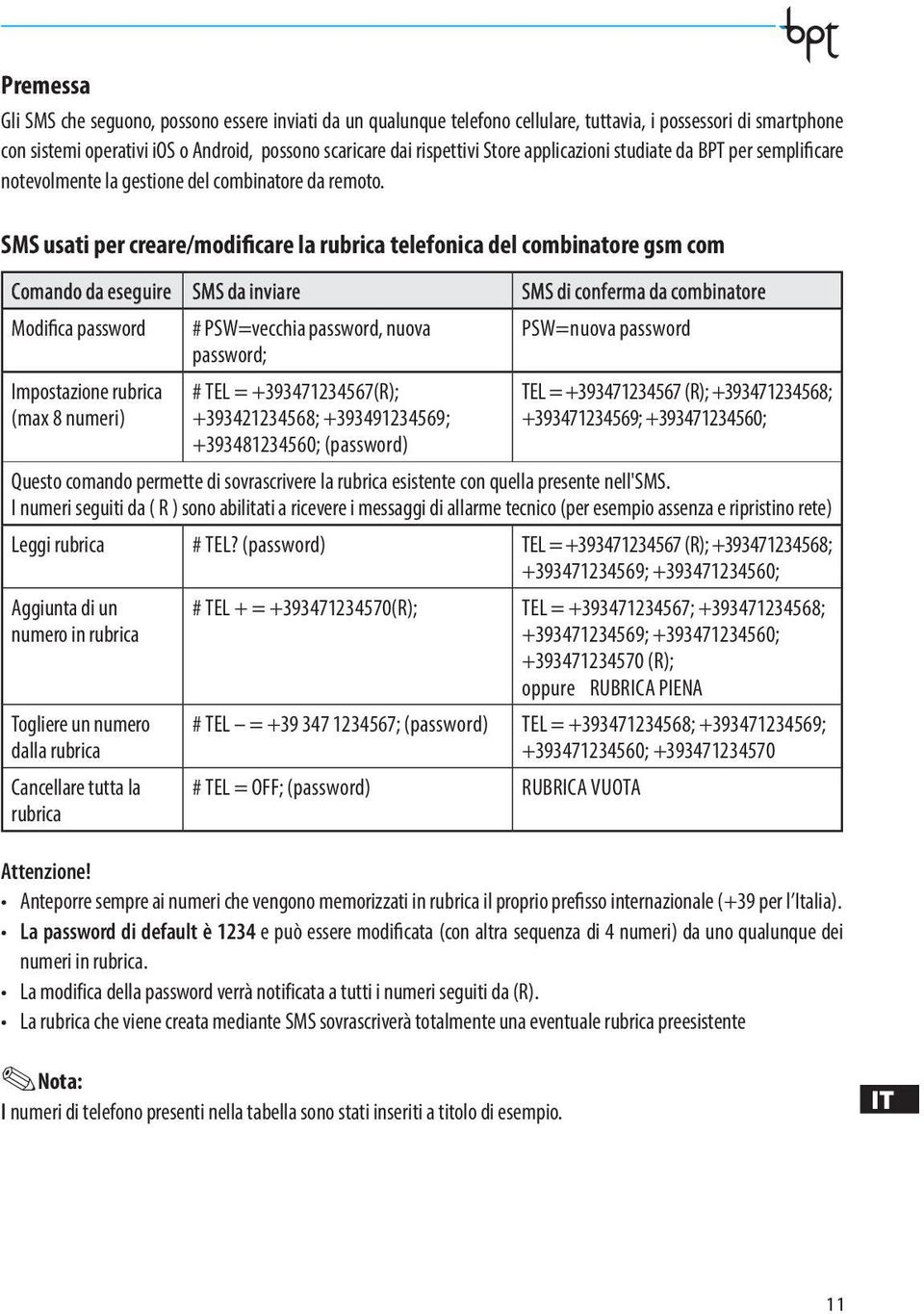 SMS usati per creare/modificare la rubrica telefonica del combinatore gsm com Comando da eseguire SMS da inviare SMS di conferma da combinatore Modifica password # PSW=vecchia password, nuova