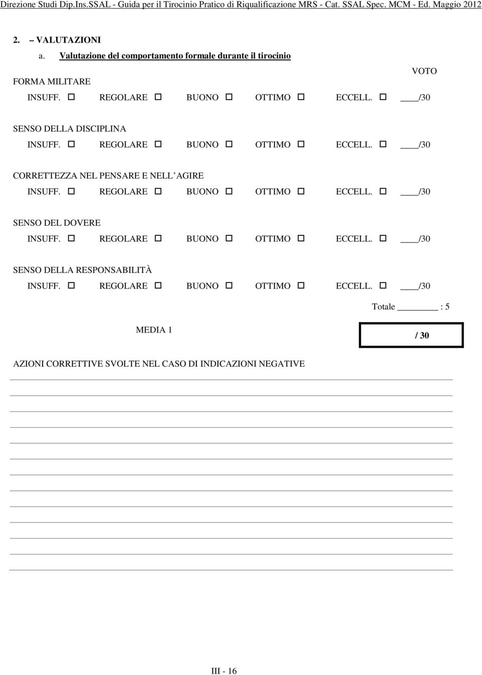 /30 CORRETTEZZA NEL PENSARE E NELL AGIRE INSUFF. REGOLARE BUONO OTTIMO ECCELL. /30 SENSO DEL DOVERE INSUFF.