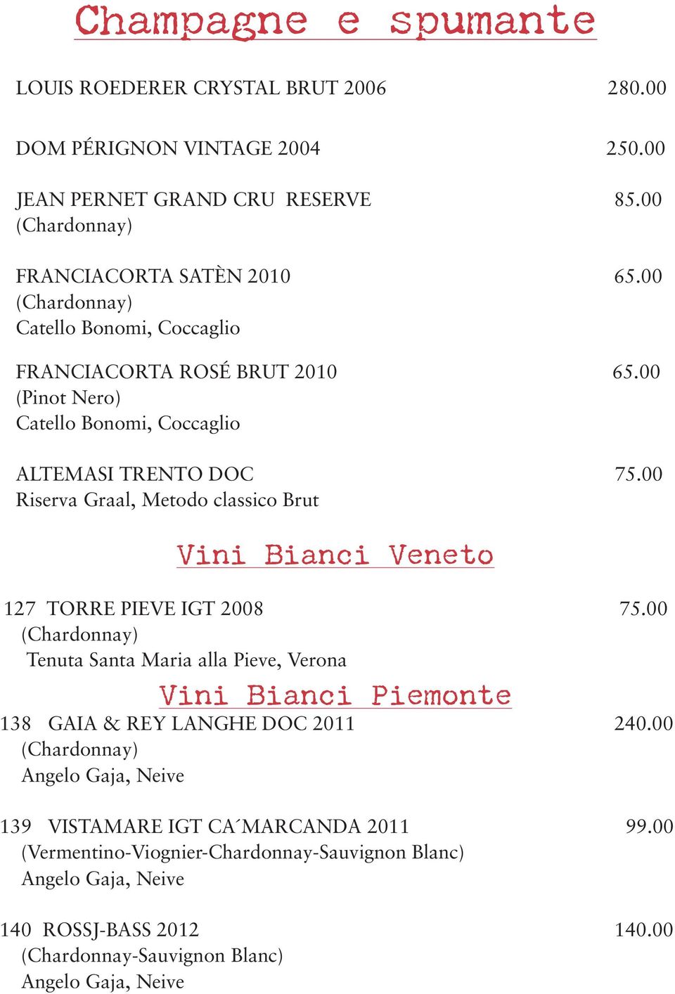 00 (Pinot Nero) Catello Bonomi, Coccaglio ALTEMASI TRENTO DOC 75.00 Riserva Graal, Metodo classico Brut Vini Bianci Veneto 127 TORRE PIEVE IGT 2008 75.