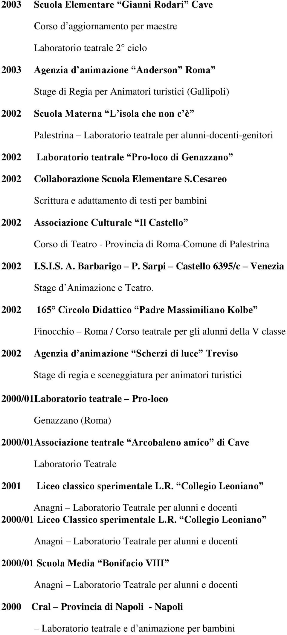 Cesareo Scrittura e adattamento di testi per bambini 2002 Associazione Culturale Il Castello Corso di Teatro - Provincia di Roma-Comune di Palestrina 2002 I.S.I.S. A. Barbarigo P.