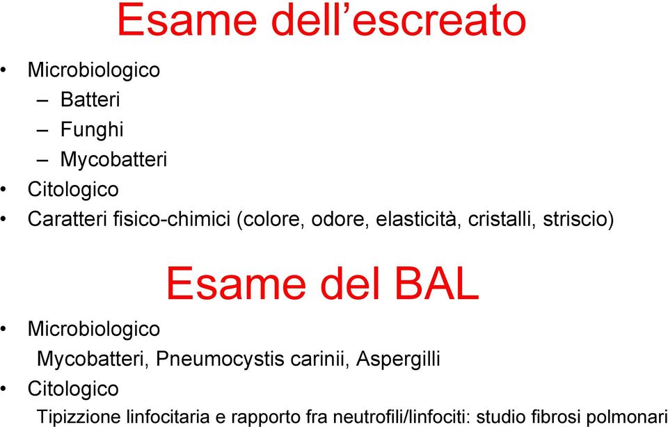 del BAL Microbiologico Mycobatteri, Pneumocystis carinii, Aspergilli Citologico