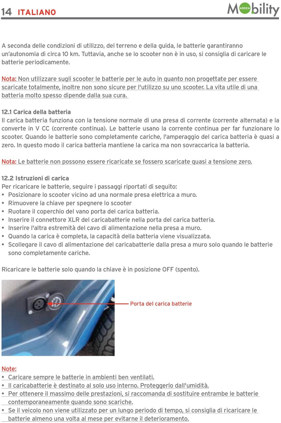 Nota: Non utilizzare sugli scooter le batterie per le auto in quanto non progettate per essere scaricate totalmente, inoltre non sono sicure per l'utilizzo su uno scooter.