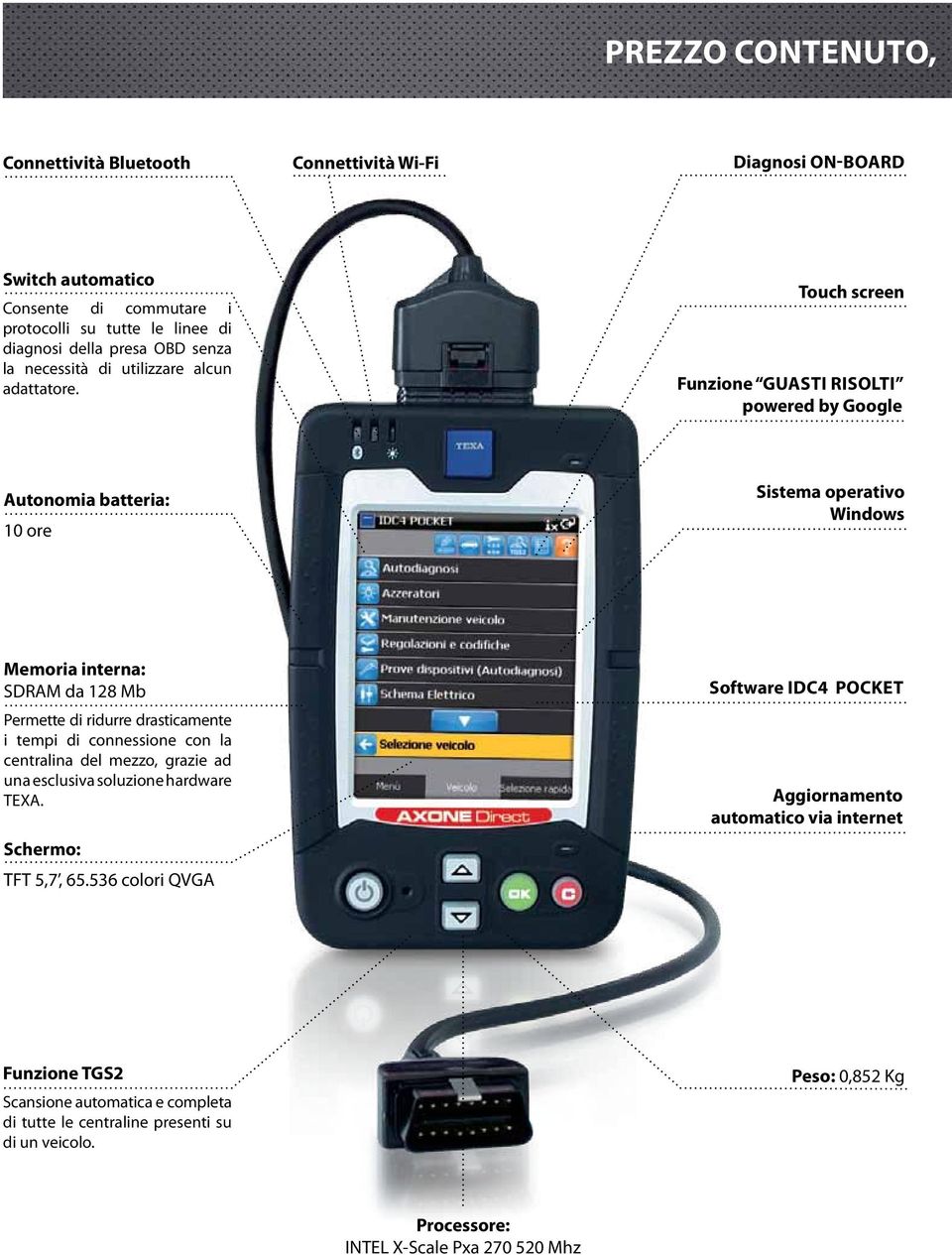 Touch screen Funzione guasti risolti powered by Google Autonomia batteria: 10 ore Sistema operativo Windows Memoria interna: SDRAM da 128 Mb Permette di ridurre drasticamente i tempi di