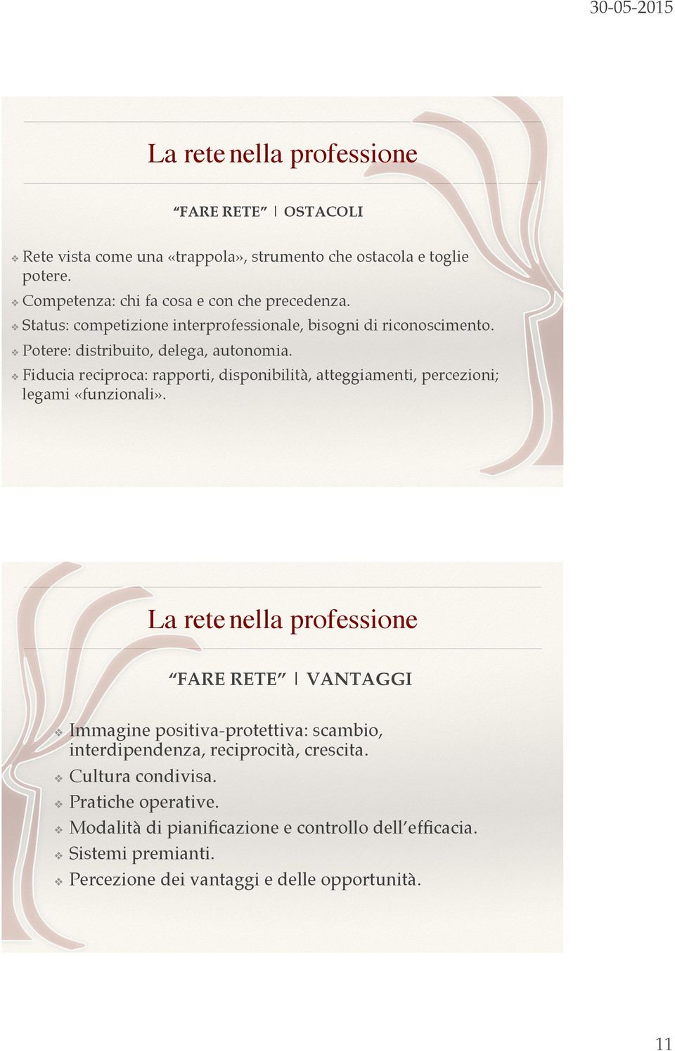 Fiducia reciproca: rapporti, disponibilità, atteggiamenti, percezioni; legami «funzionali».