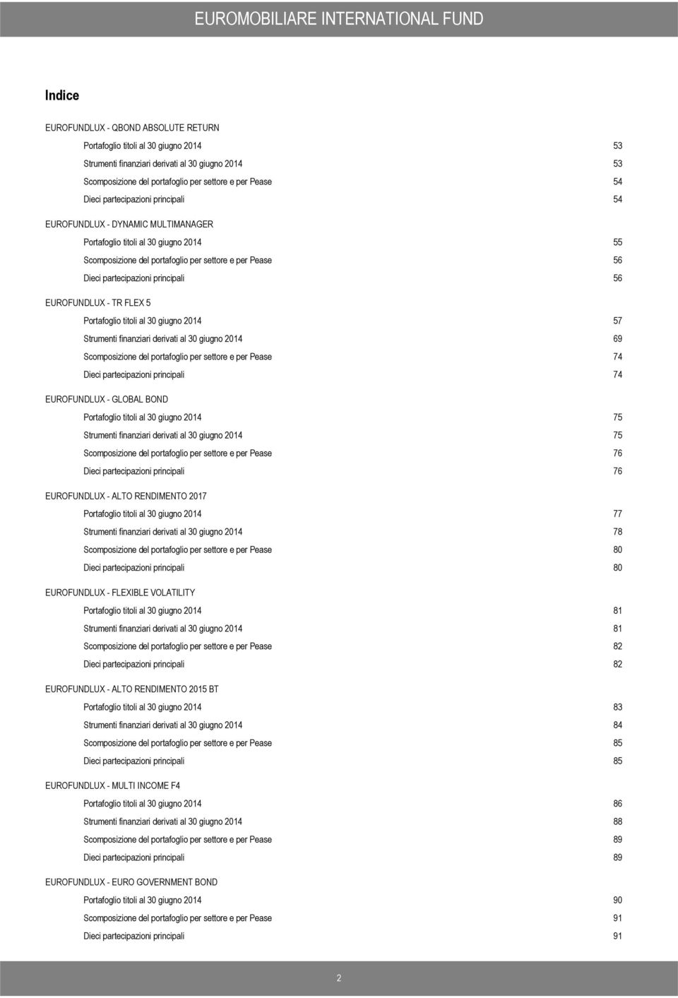 partecipazioni principali 56 OFUNDLUX TR FLEX 5 Portafoglio titoli al 30 giugno 2014 57 Strumenti finanziari derivati al 30 giugno 2014 69 Scomposizione del portafoglio per settore e per Pease 74