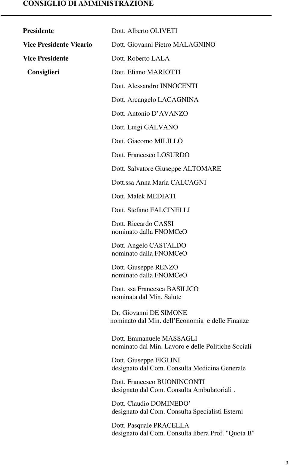 ssa Anna Maria CALCAGNI Dott. Malek MEDIATI Dott. Stefano FALCINELLI Dott. Riccardo CASSI nominato dalla FNOMCeO Dott. Angelo CASTALDO nominato dalla FNOMCeO Dott.