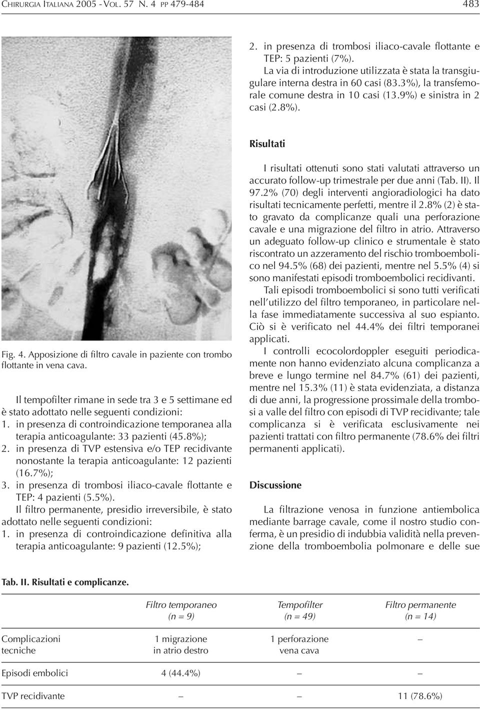 . Apposizione di filtro cavale in paziente con trombo flottante in vena cava. Il tempofilter rimane in sede tra 3 e 5 settimane ed è stato adottato nelle seguenti condizioni: 1.