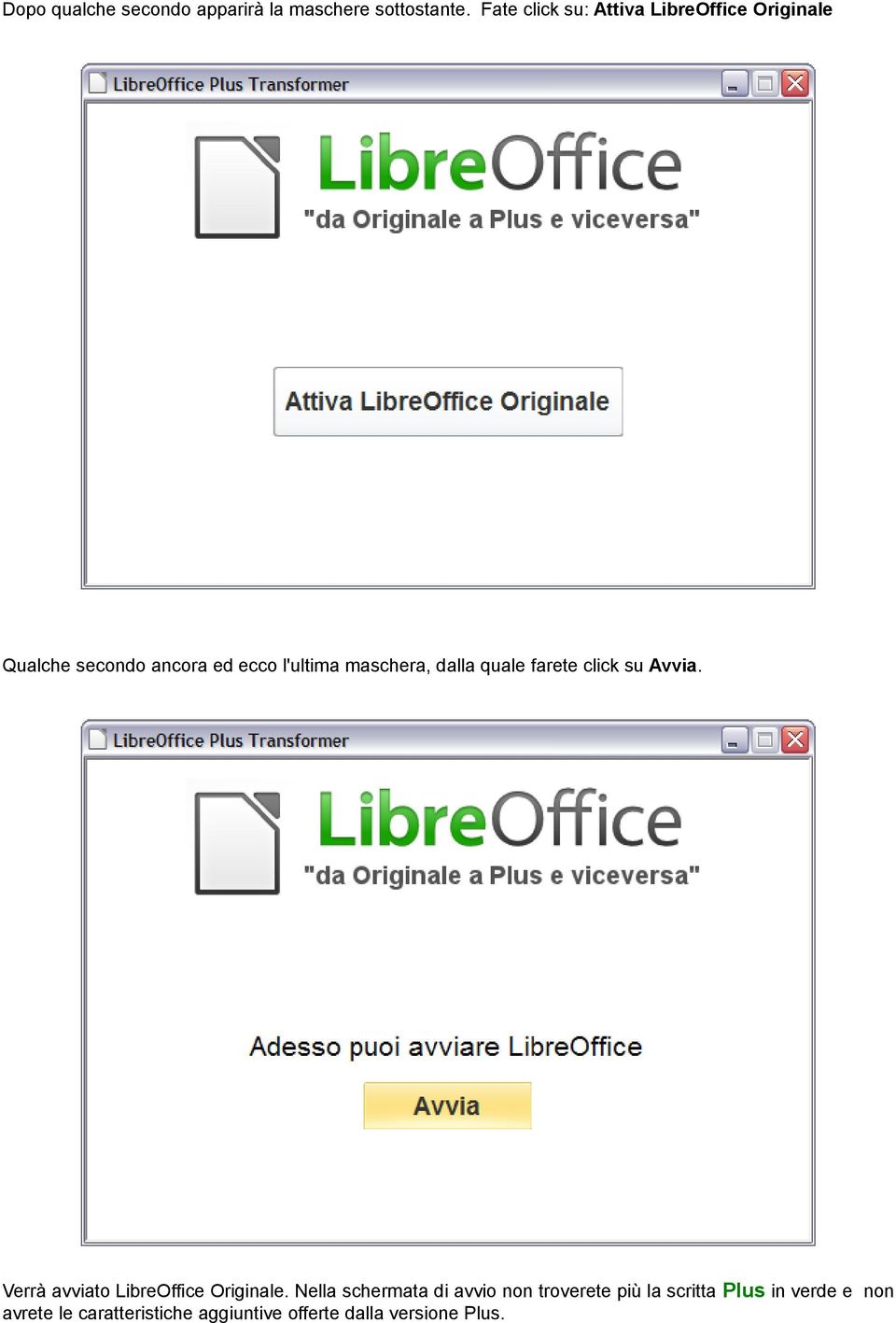 maschera, dalla quale farete click su Avvia. Verrà avviato LibreOffice Originale.