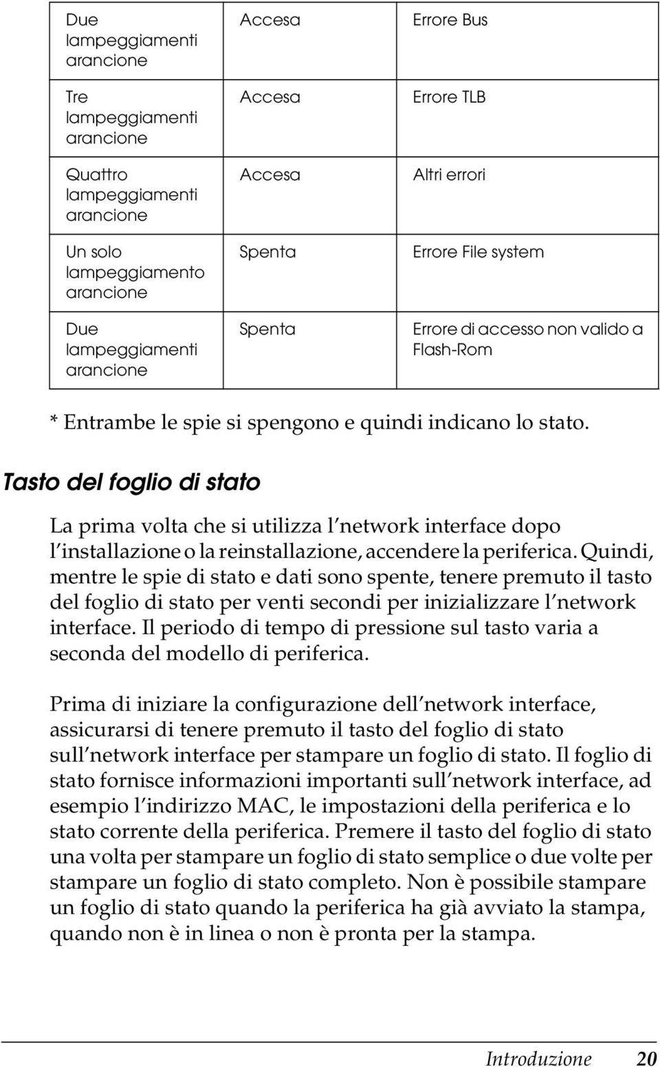 Tasto del foglio di stato La prima volta che si utilizza l network interface dopo l installazione o la reinstallazione, accendere la periferica.