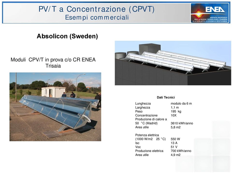 Concentrazione 10X Produzione di calore a 50 C (Madrid) 3610 kwh/anno Area utile 5,8 m2