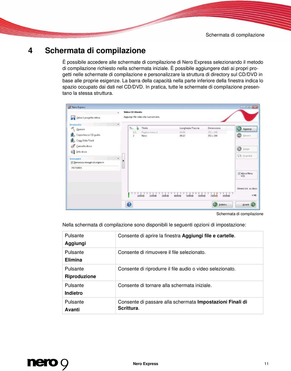 La barra della capacità nella parte inferiore della finestra indica lo spazio occupato dai dati nel CD/DVD. In pratica, tutte le schermate di compilazione presentano la stessa struttura.