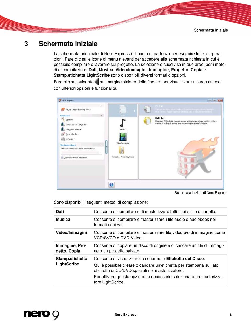 La selezione è suddivisa in due aree: per i metodi di compilazione Dati, Musica, Video/Immagini, Immagine, Progetto, Copia e Stamp.etichetta LightScribe sono disponibili diversi formati o opzioni.