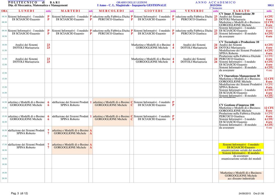 dei Sistemi 6 CFU DI SCIASCIO Eugenio P DI SCIASCIO Eugenio P PERCOCO Gianluca P DI SCIASCIO Eugenio P PERCOCO Gianluca 23 DOTOLI Mariagrazia 4 ore 09:30 Marketing e Modelli di e-business 12 CFU
