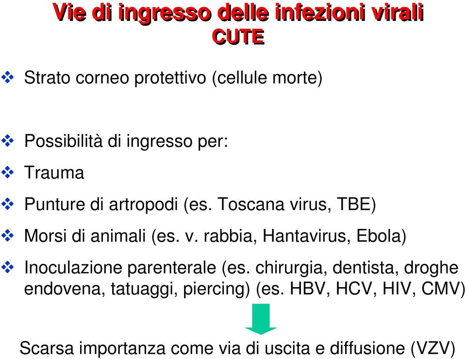 rus, TBE) Morsi di animali (es. v. rabbia, Hantavirus, Ebola) Inoculazione parenterale (es.