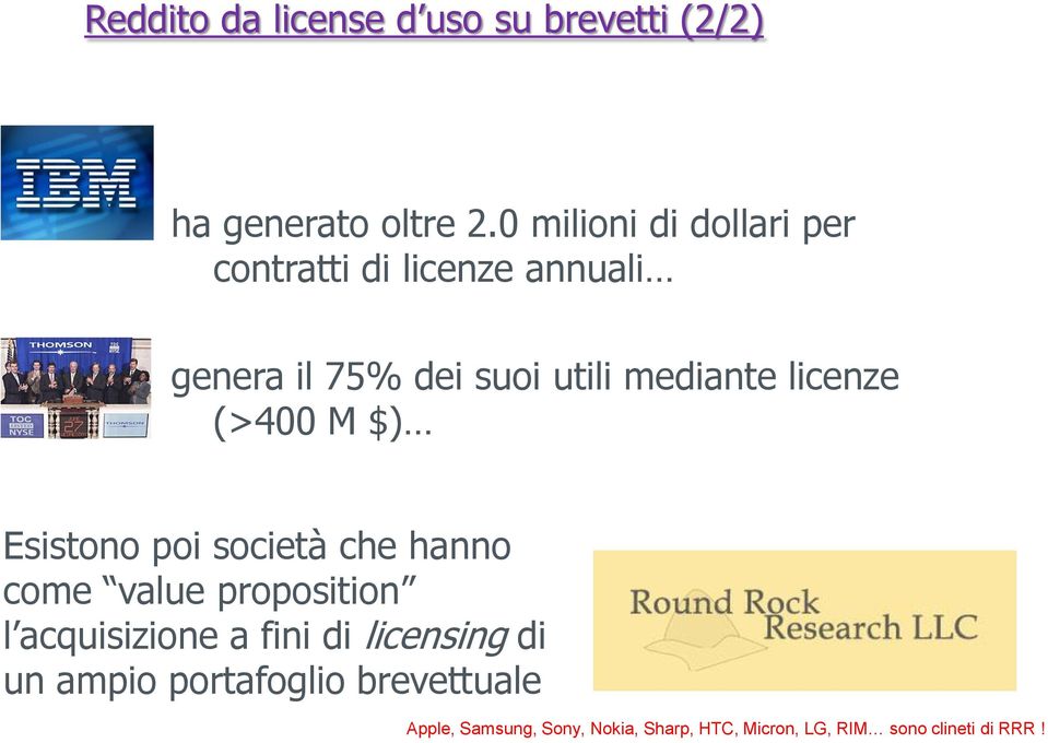 (>400 M $) Esistono poi società che hanno come value proposition l acquisizione a fini di licensing di