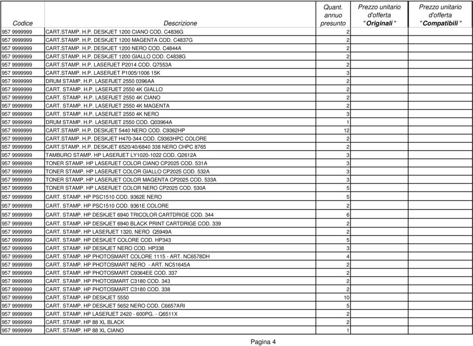 H.P. LASERJET 2550 0396AA 2 957 9999999 CART. STAMP. H.P. LASERJET 2550 4K GIALLO 2 957 9999999 CART. STAMP. H.P. LASERJET 2550 4K CIANO 2 957 9999999 CART. STAMP. H.P. LASERJET 2550 4K MAGENTA 2 957 9999999 CART.