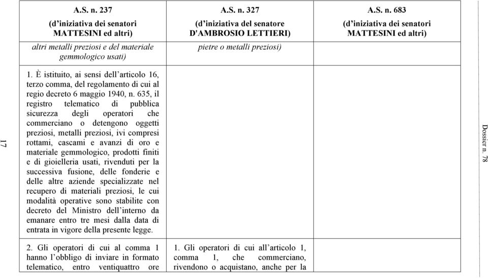 635, il registro telematico di pubblica sicurezza degli operatori che commerciano o detengono oggetti preziosi, metalli preziosi, ivi compresi rottami, cascami e avanzi di oro e materiale