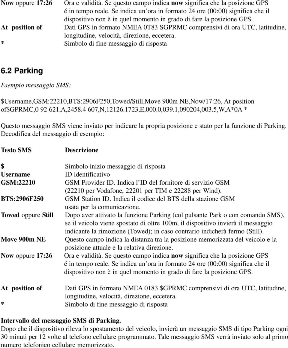 At position of Dati GPS in formato NMEA 0T83 SGPRMC comprensivi di ora UTC, latitudine, longitudine, velocità, direzione, eccetera. * Simbolo di fine messaggio di risposta 6.